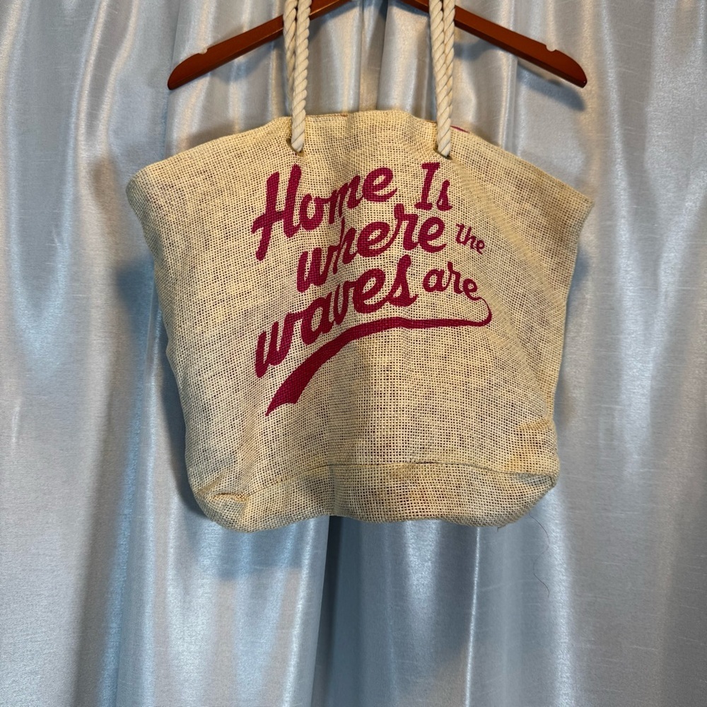 Beach Tote Bag Home Is‎ Where the Waves Are Straw Canvas Summer Vacation